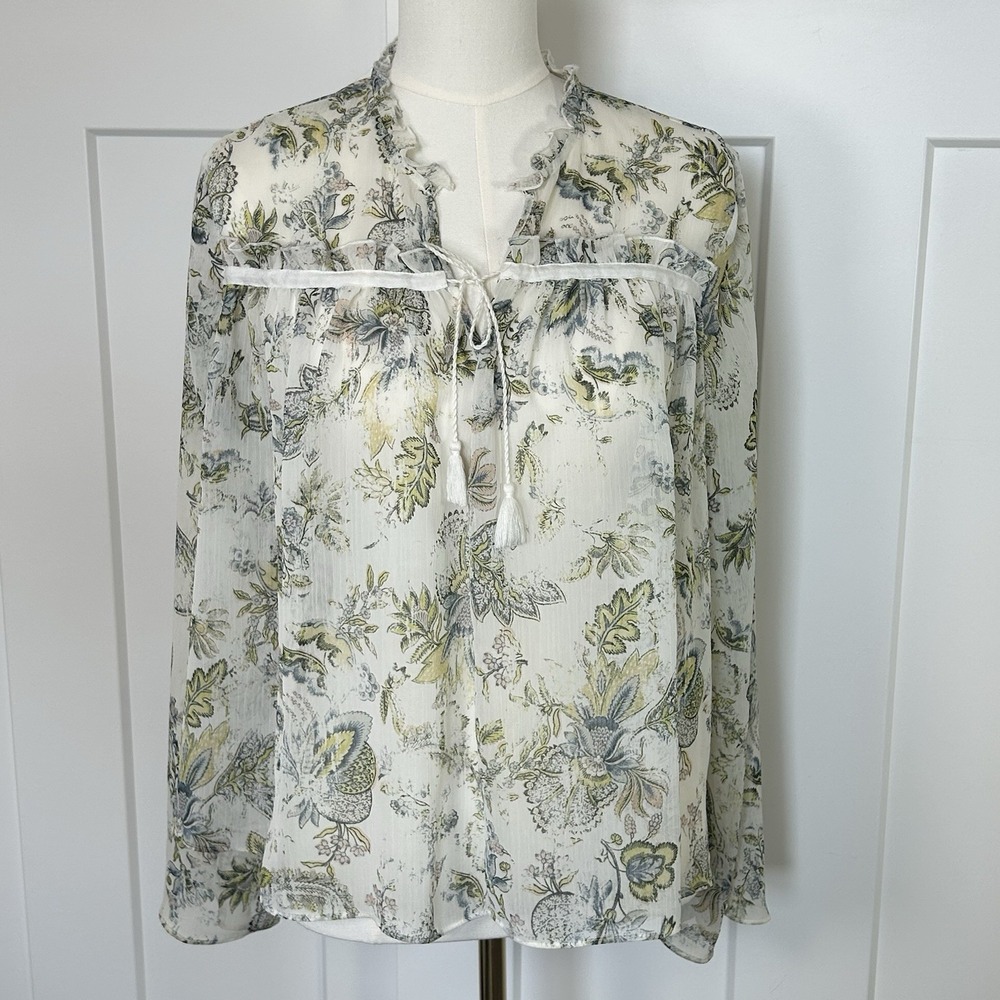 a.n.a. Sheer Off White Green Floral Blouse - Women's MED - Boho Cottagecore